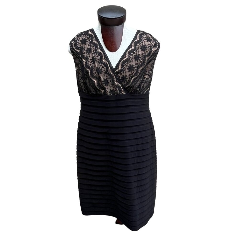 Adrianna Papell Lace Bodice Tiered Pleated Sleeveless Little Black Dress Size 14